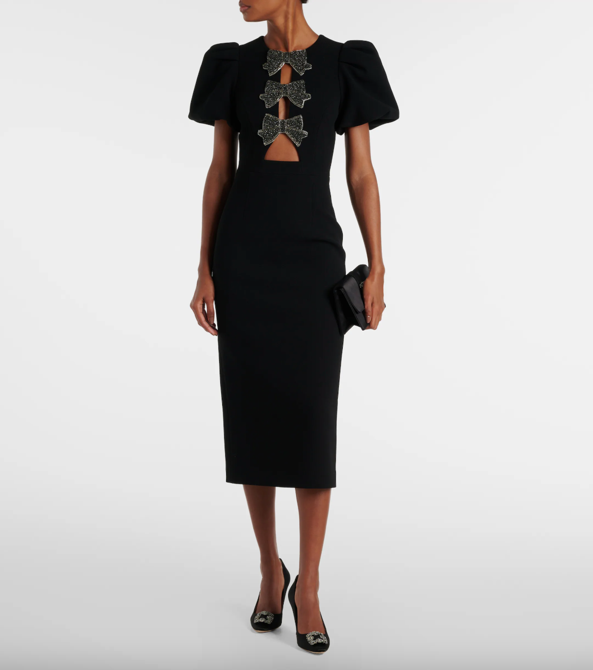 Front view of the Eliana Puff Sleeve Midi Dress by Rebecca Vallance, designed with a rounded neckline, beaded bows, front cutouts, and a cinched waist