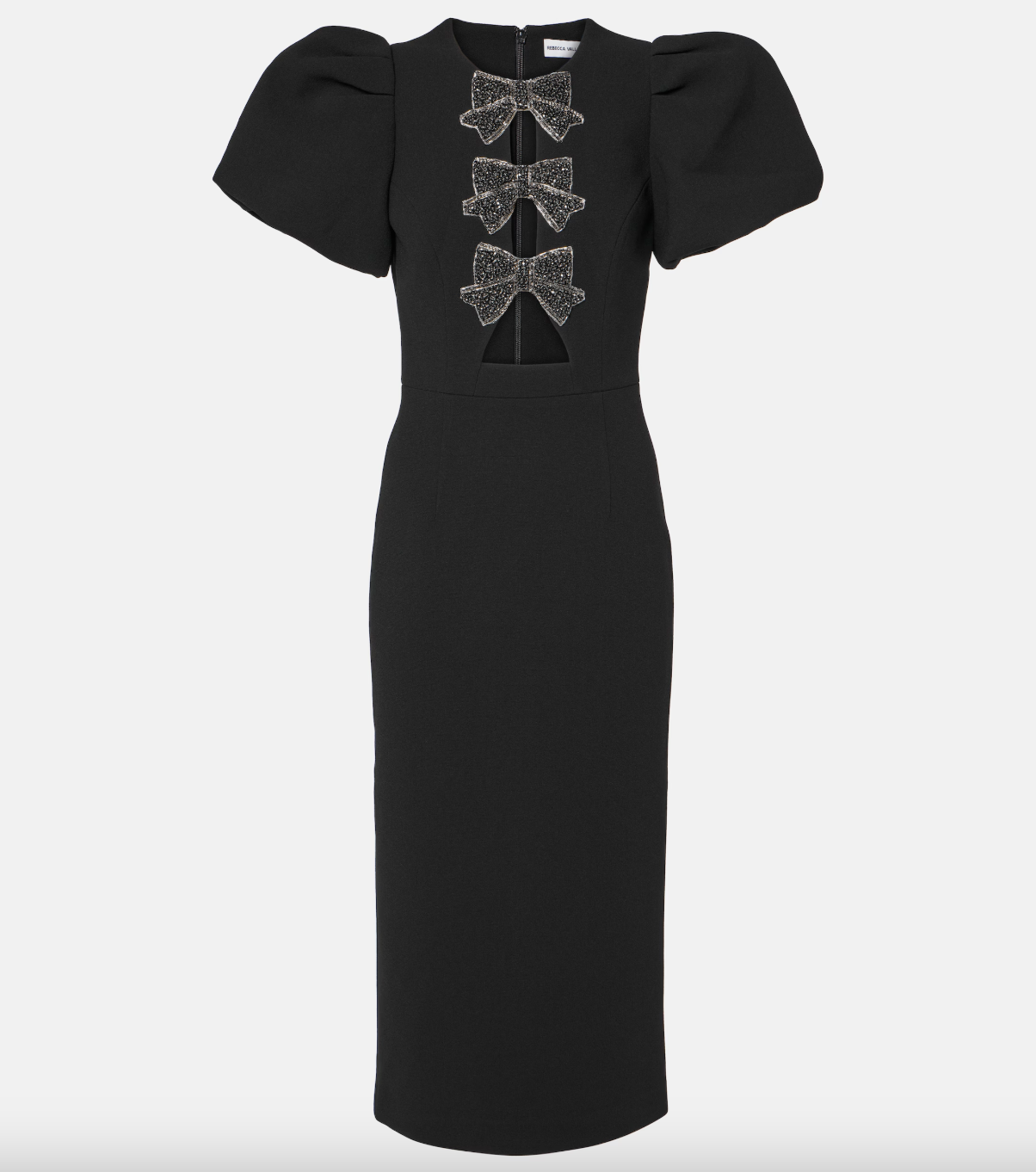 Rebecca Vallance Eliana puff-sleeve black midi dress featuring beaded bows and a fitted silhouette