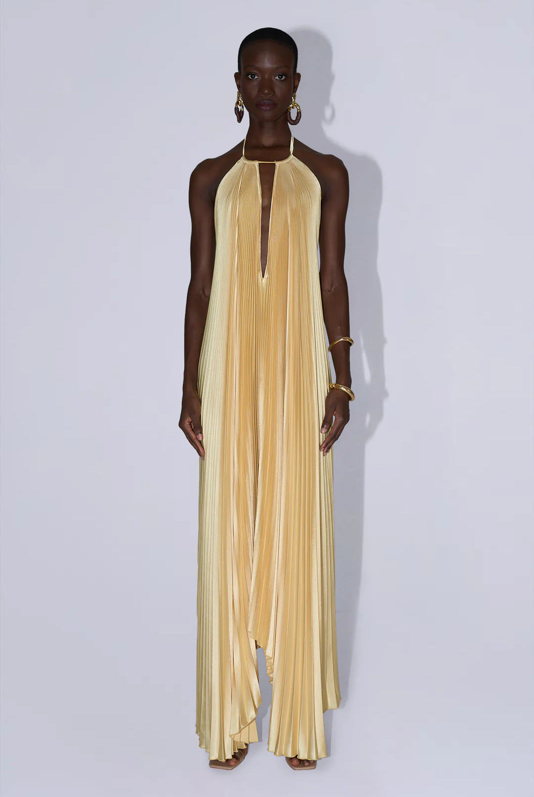 l'idee gold dress L'IDE Opera Halter Cutout Maxi Gown