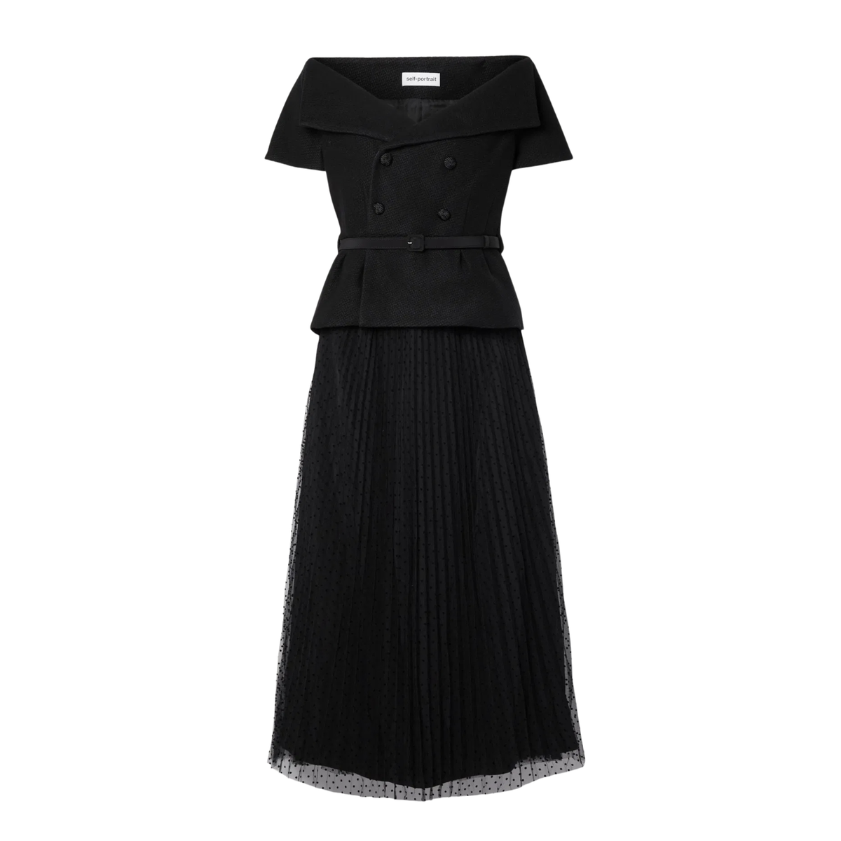 Self Portrait - Plissé Off-Shoulder Midi Dress