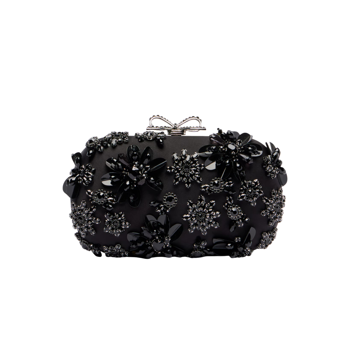 Self Portrait - Black Satin Crystal Floral Clutch